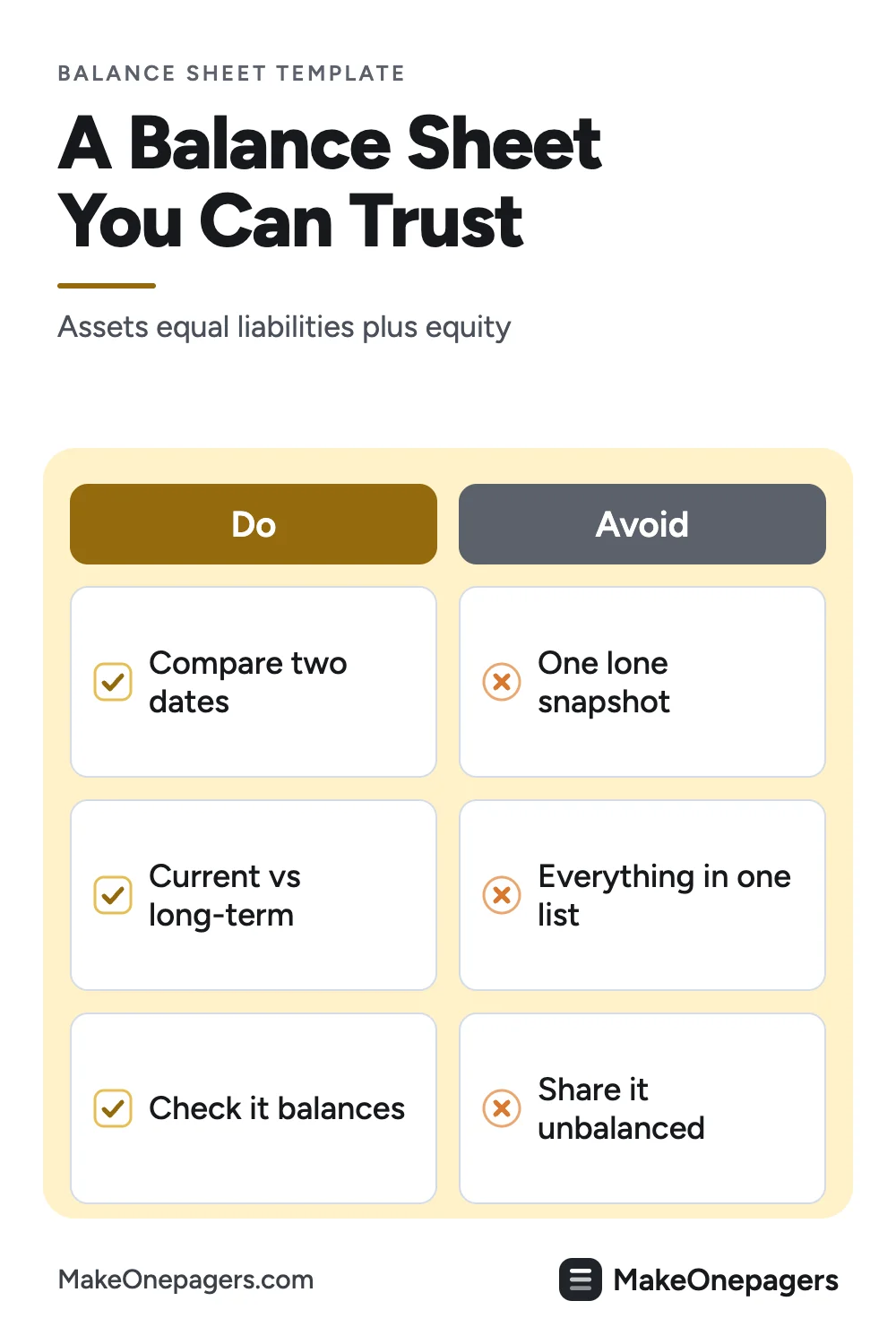 Pinterest pin: a One-Pager balance sheet as a do and avoid list, compare two dates, split current from long-term and check that it balances