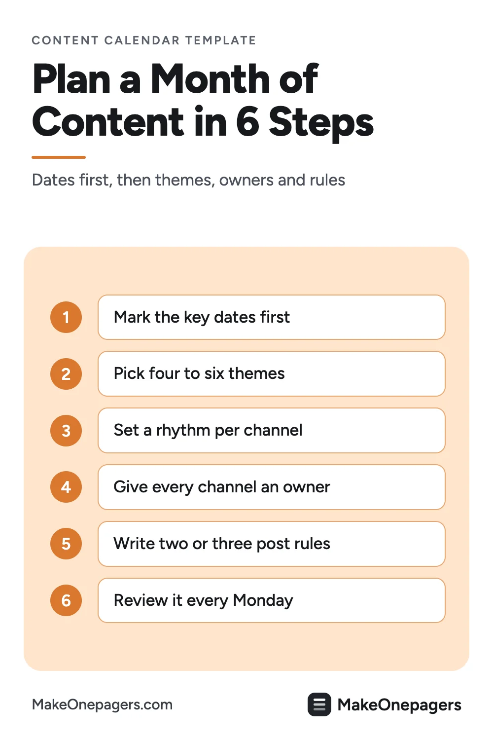 Pinterest pin: six steps to plan a month of content on a One-Pager, starting from launches, sales and holidays, then themes, a rhythm per channel, owners, rules and a Monday review
