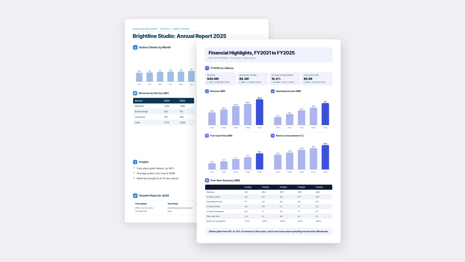 Two One-Pagers made with MakeOnepagers: Financial Highlights for five fiscal years in front of an Annual Report Summary
