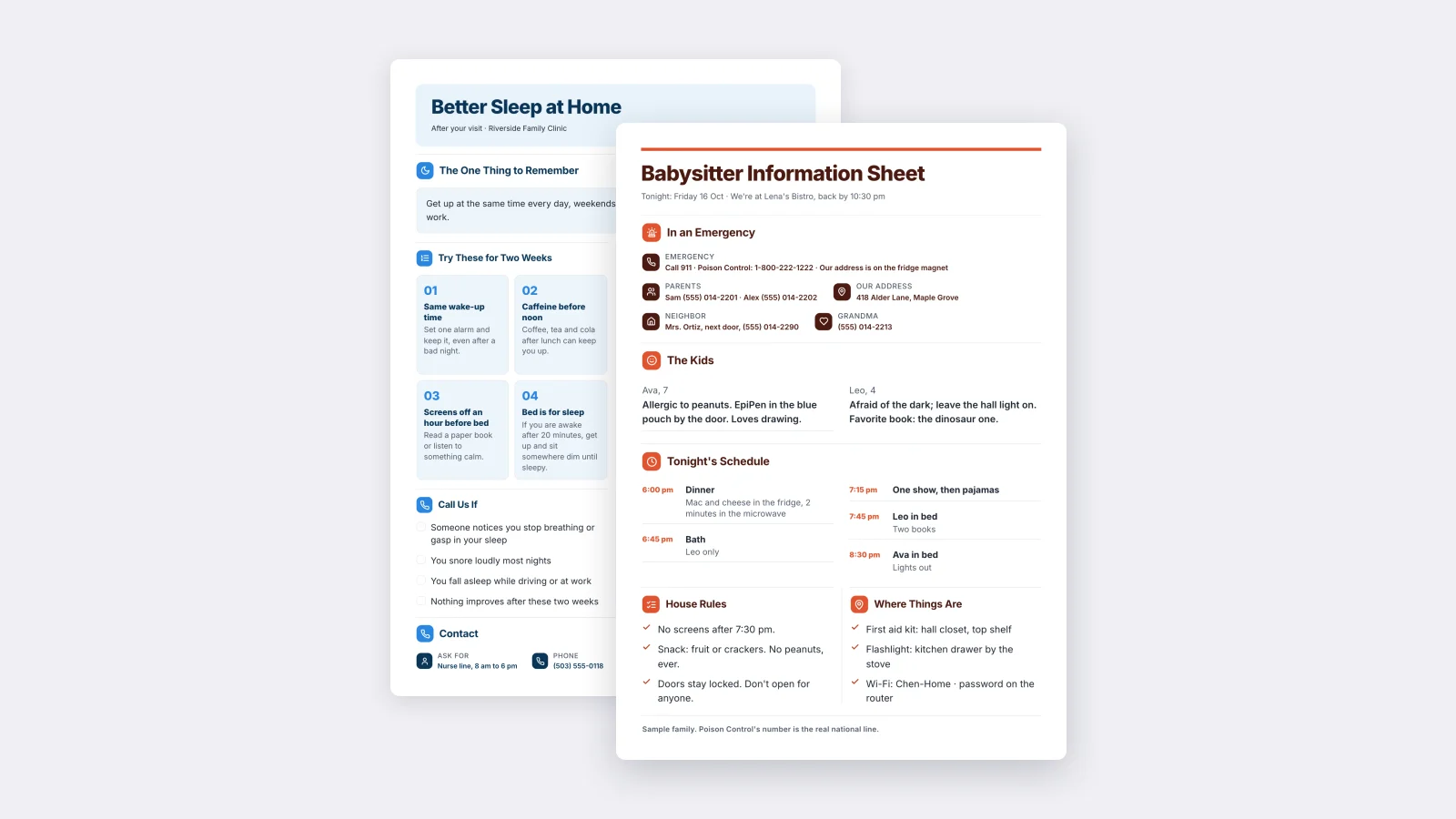 A babysitter information sheet One-Pager made with MakeOnepagers, with the home address, how to reach the parents, emergency numbers, each child's needs and the evening's routine