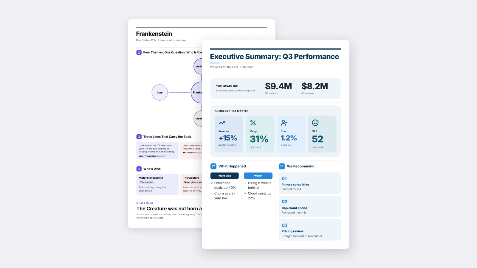 Two One-Pagers made with MakeOnepagers: the Executive Summary in front of the Book Report