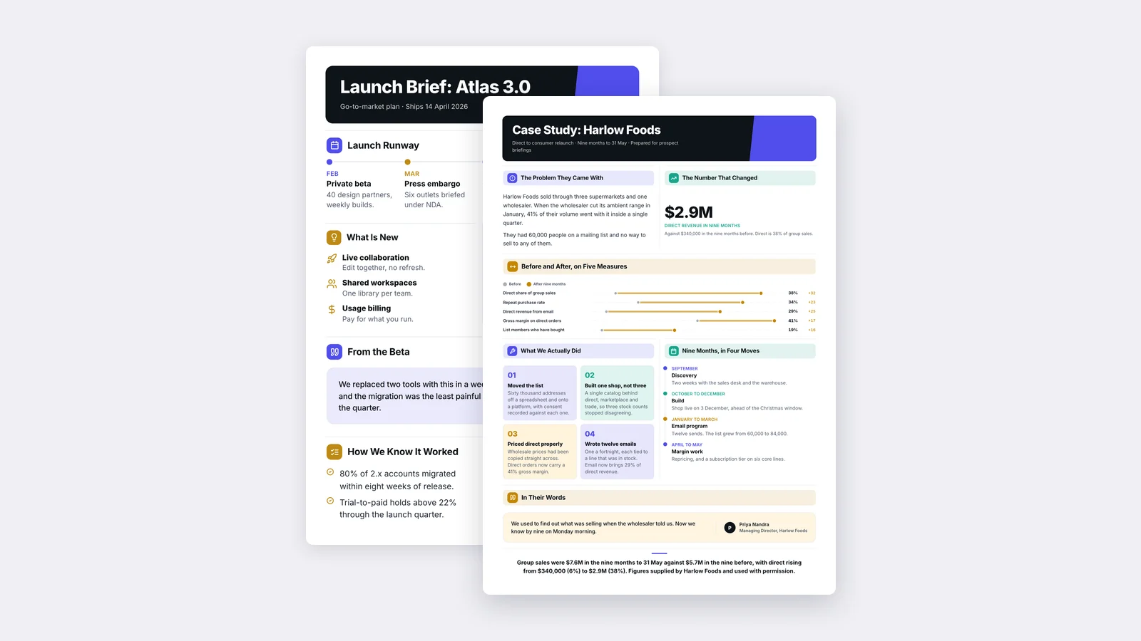 Two One-Pagers made with MakeOnepagers: a product launch brief under a customer case study with results and quotes, in purple, gold and teal