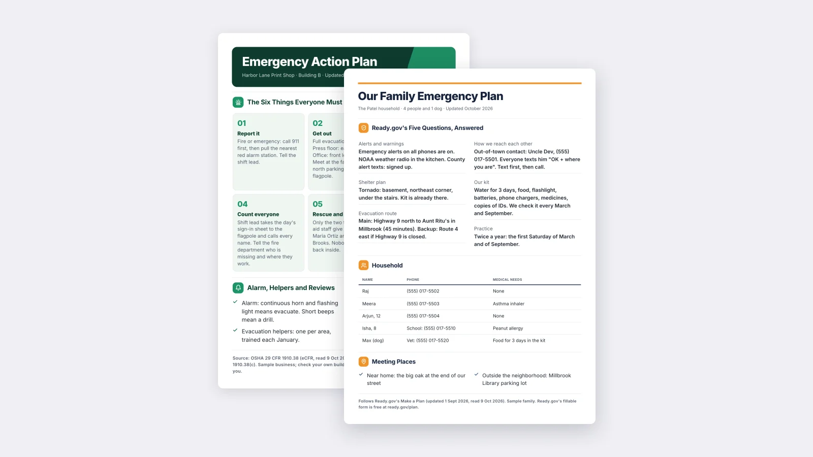 A family emergency plan One-Pager made with MakeOnepagers, with contacts, meeting places, who does what and important numbers