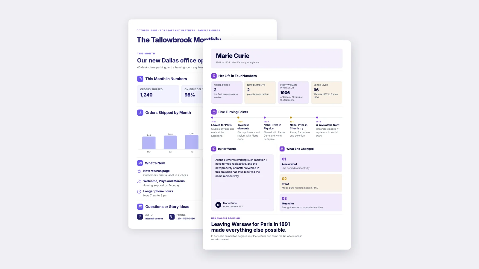 Two One-Pagers made with MakeOnepagers: the Biography in front of the One-Page Newsletter