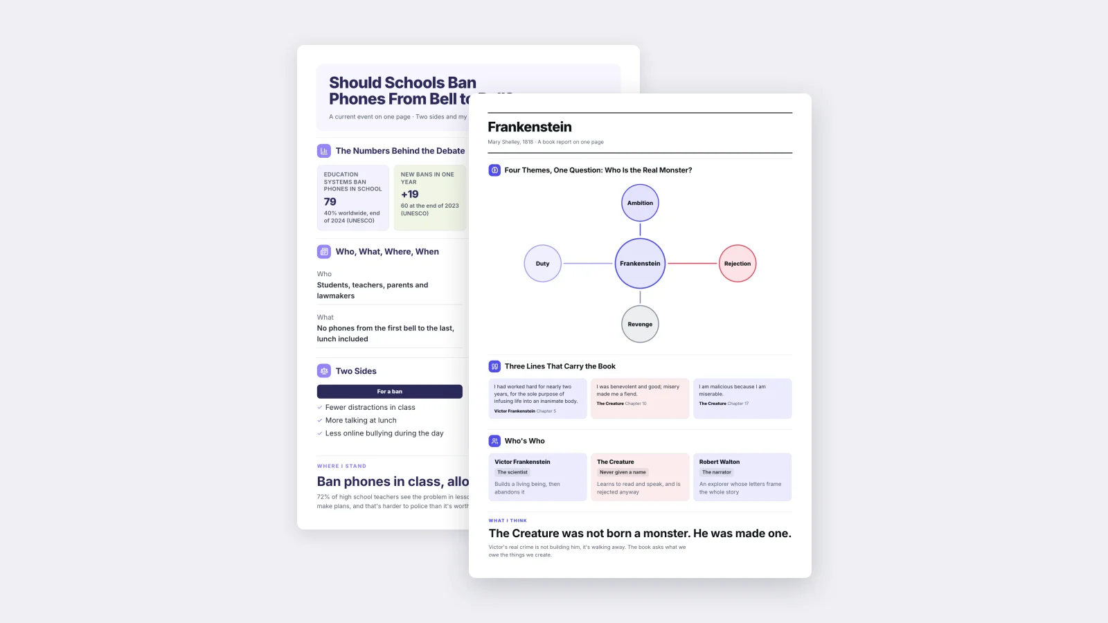 Two One-Pagers made with MakeOnepagers: the Book Report in front of the Current Event