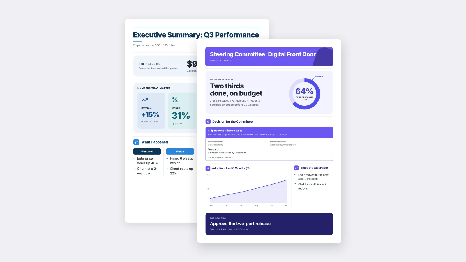Two One-Pagers made with MakeOnepagers: the Steering Committee Paper in front of the Executive Summary