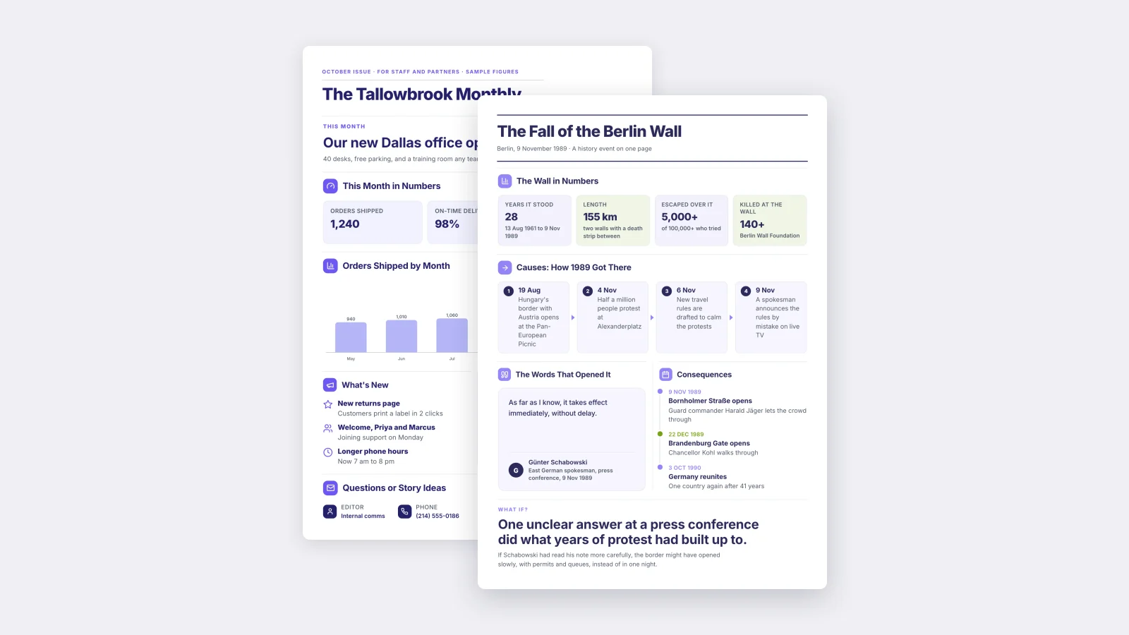 Two One-Pagers made with MakeOnepagers: the History Event in front of the One-Page Newsletter