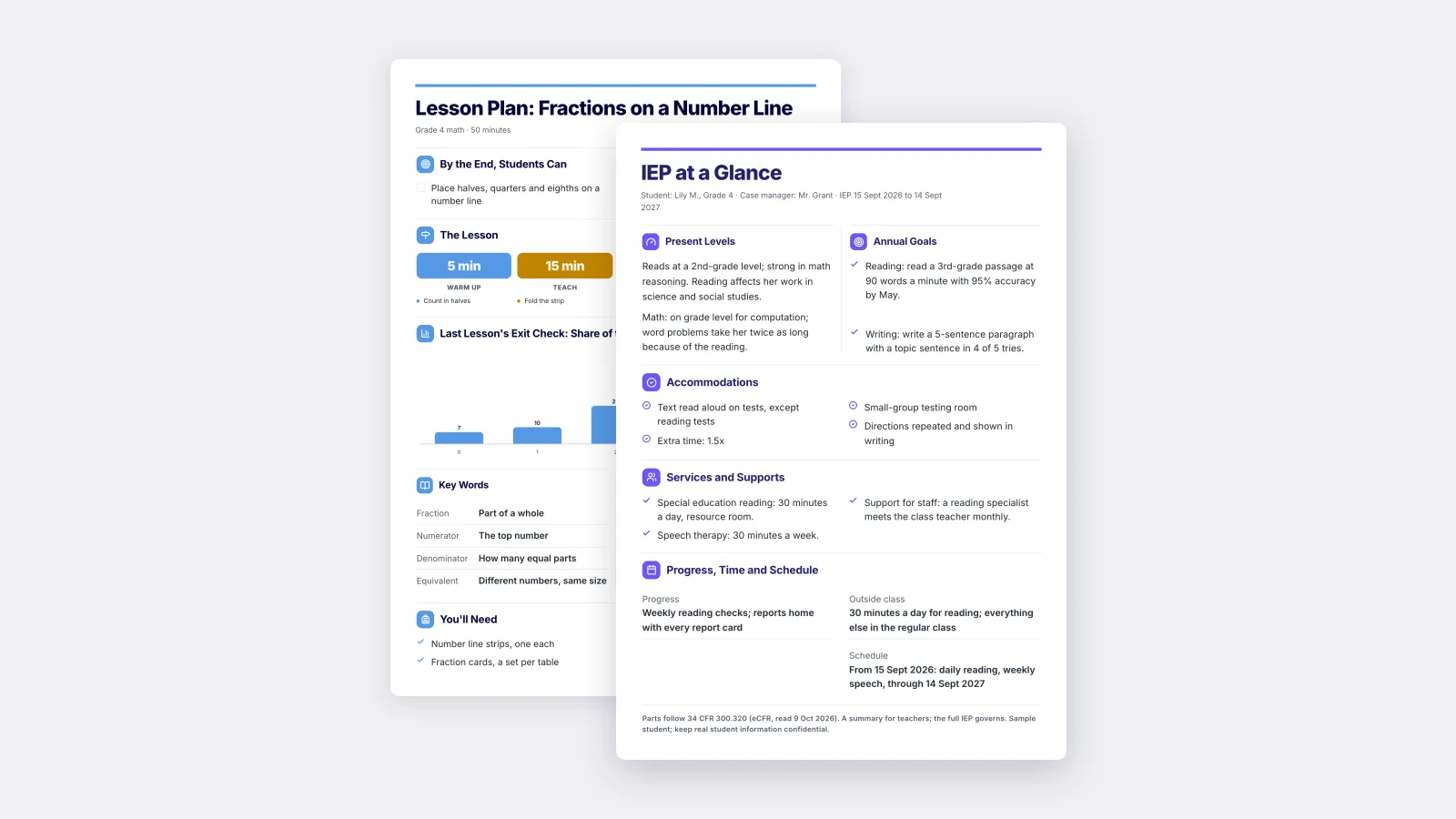 An IEP at a Glance One-Pager made with MakeOnepagers for a sample student, with goals, accommodations, services and who does what