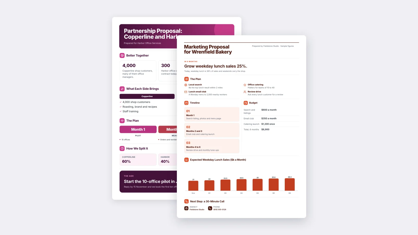Two One-Pagers made with MakeOnepagers: the Marketing Proposal in front of the Partnership Proposal