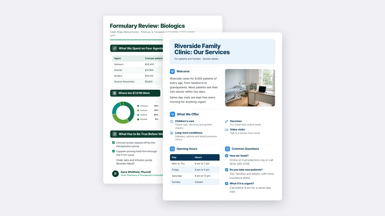 Two medical One-Pagers made with MakeOnepagers: a family clinic services sheet with a photo, services and opening hours, beside a formulary review of biologics spending for a pharmacy committee