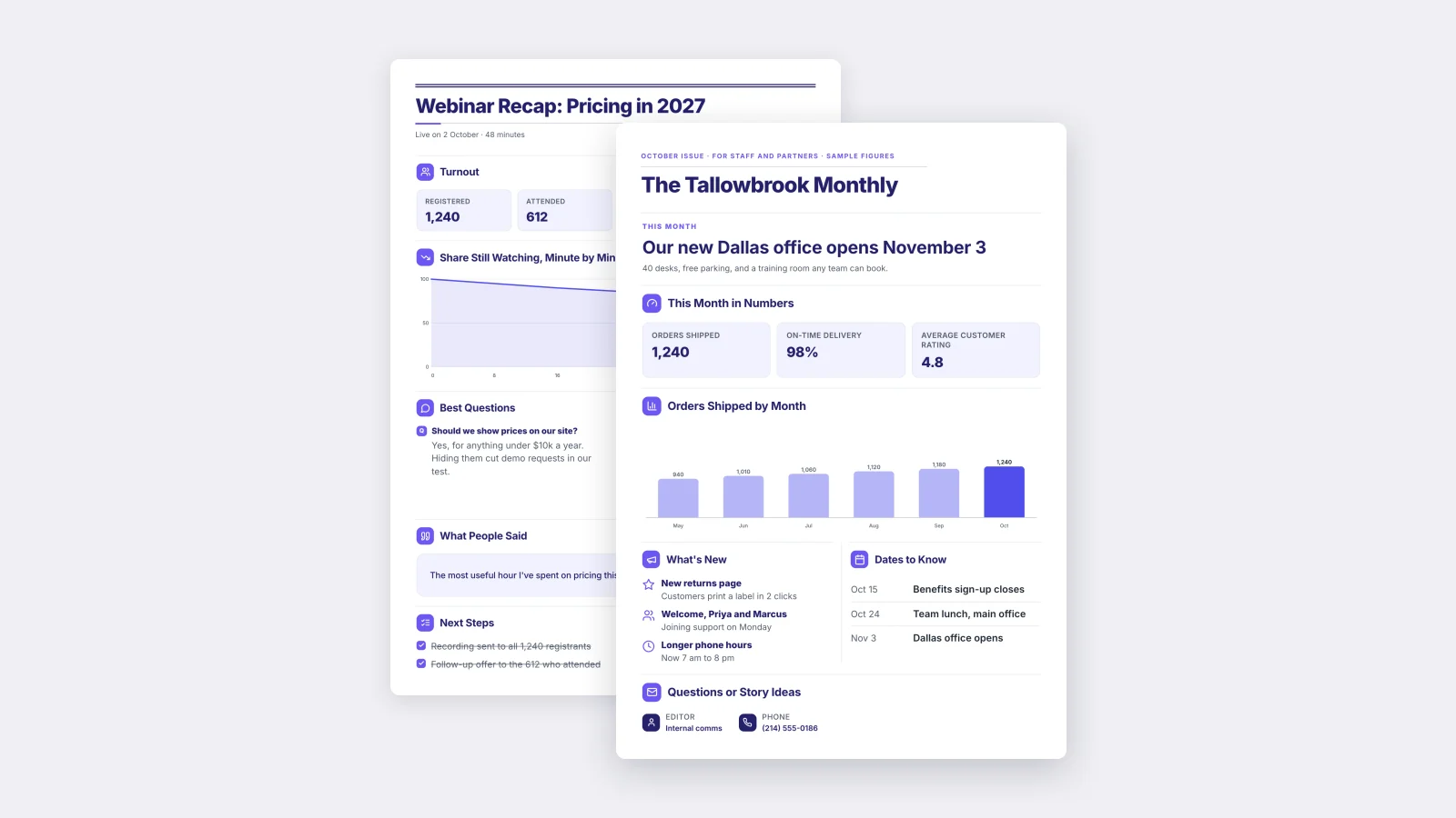 Two One-Pagers made with MakeOnepagers: the One-Page Newsletter in front of the Webinar Recap