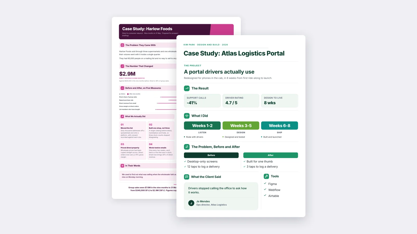 Two portfolio One-Pagers made with MakeOnepagers: a project case study with the result in numbers, the work week by week and the client's words, beside a food brand case study