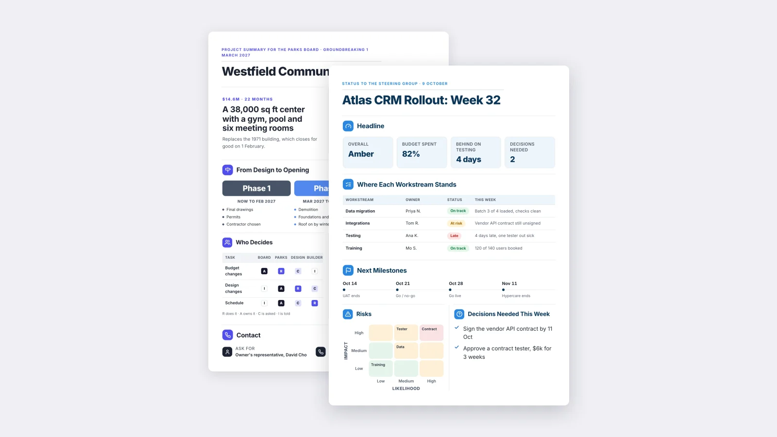 Two project One-Pagers made with MakeOnepagers: a weekly status report for a CRM rollout in front of a construction project summary