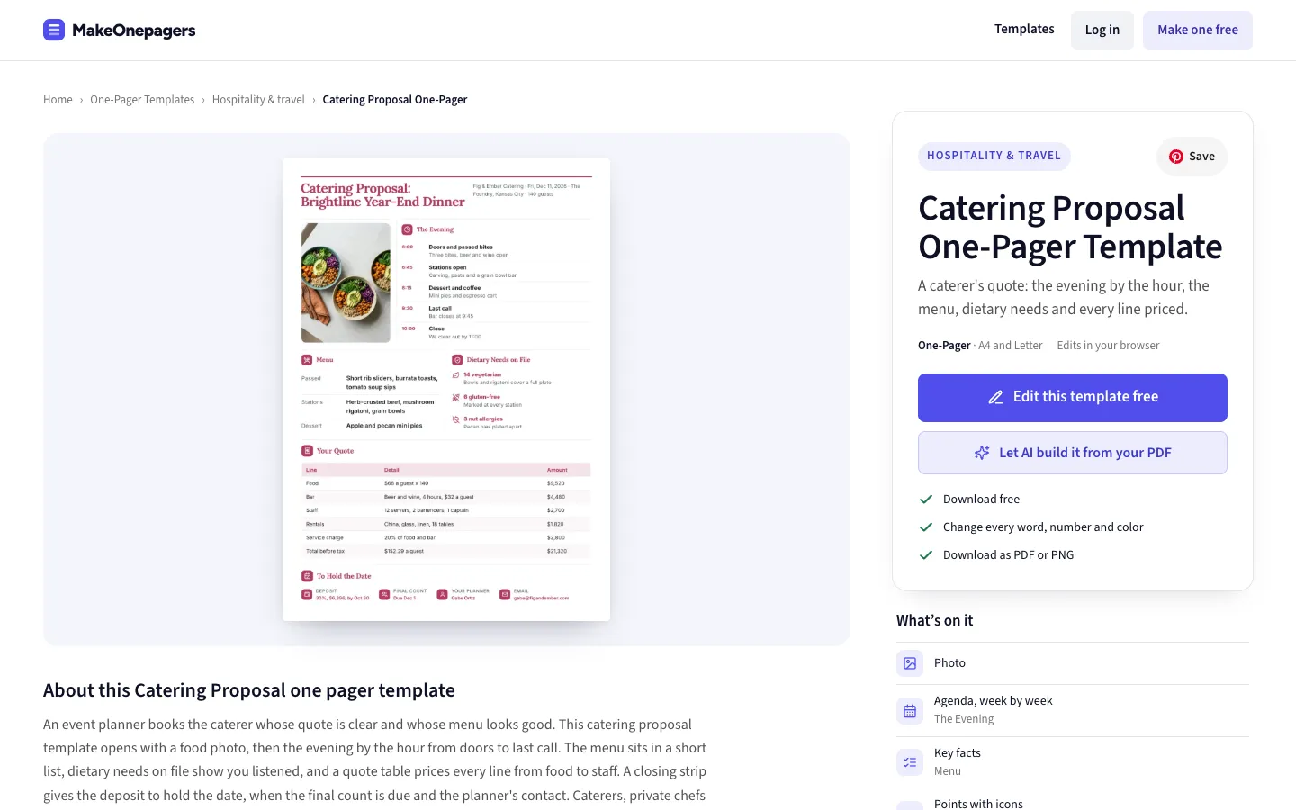 The Catering Proposal One-Pager with its menu and price quote