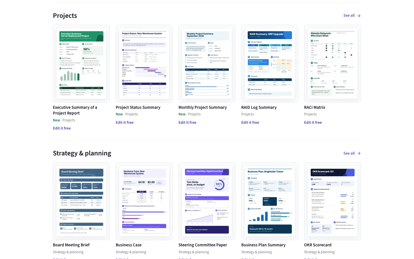 The templates gallery with each category in its own row and a See all link