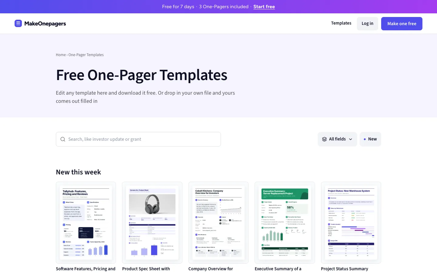 The top of the templates gallery with the search bar, the fields menu and New