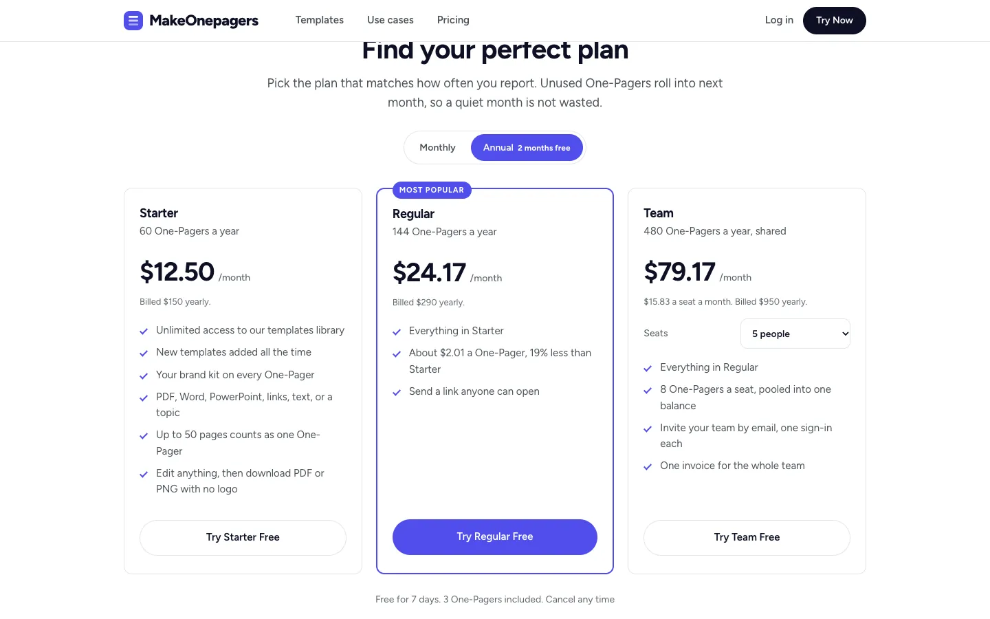 The plans on the homepage with yearly billing picked