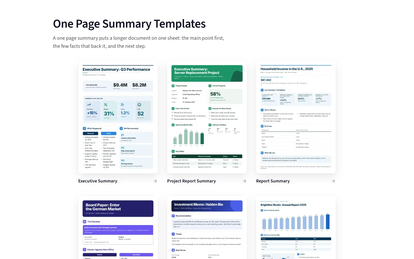 The One Page Summary Templates section showing real summary One-Pagers in a row