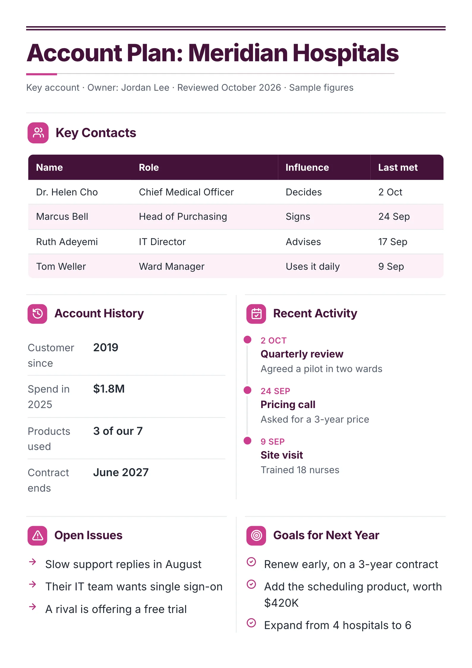 Account plan One-Pager template with the key contacts, account history, recent activity, open issues and goals for next year