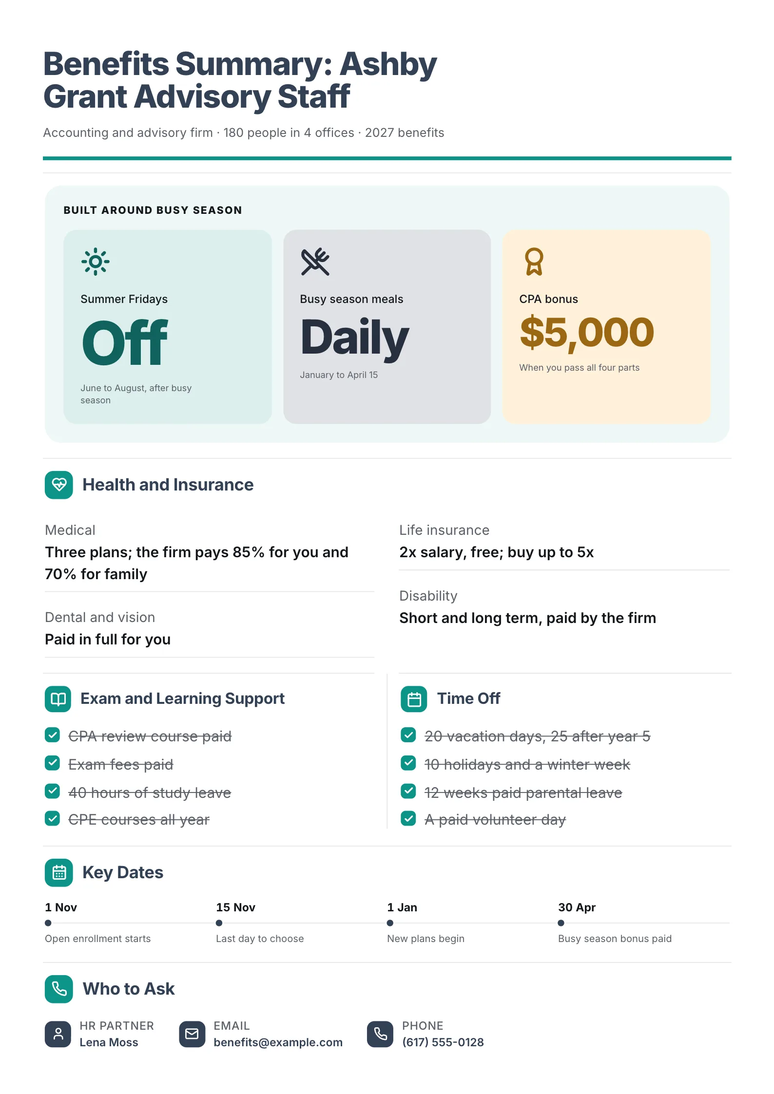 Accounting firm benefits summary One-Pager with busy season perks, exam support and key dates
