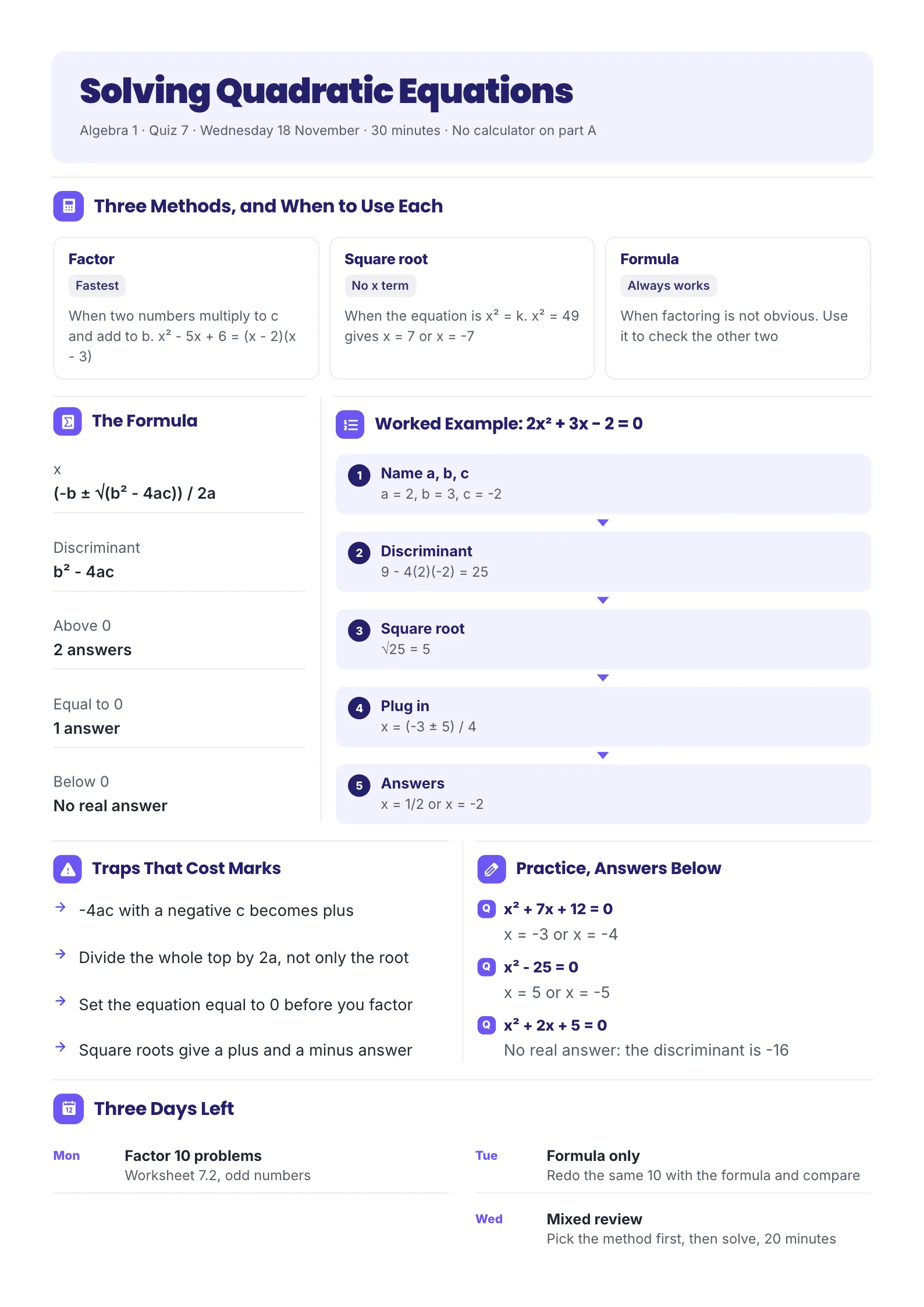 Algebra study guide on quadratic equations with three methods, the quadratic formula, a worked example, traps and practice