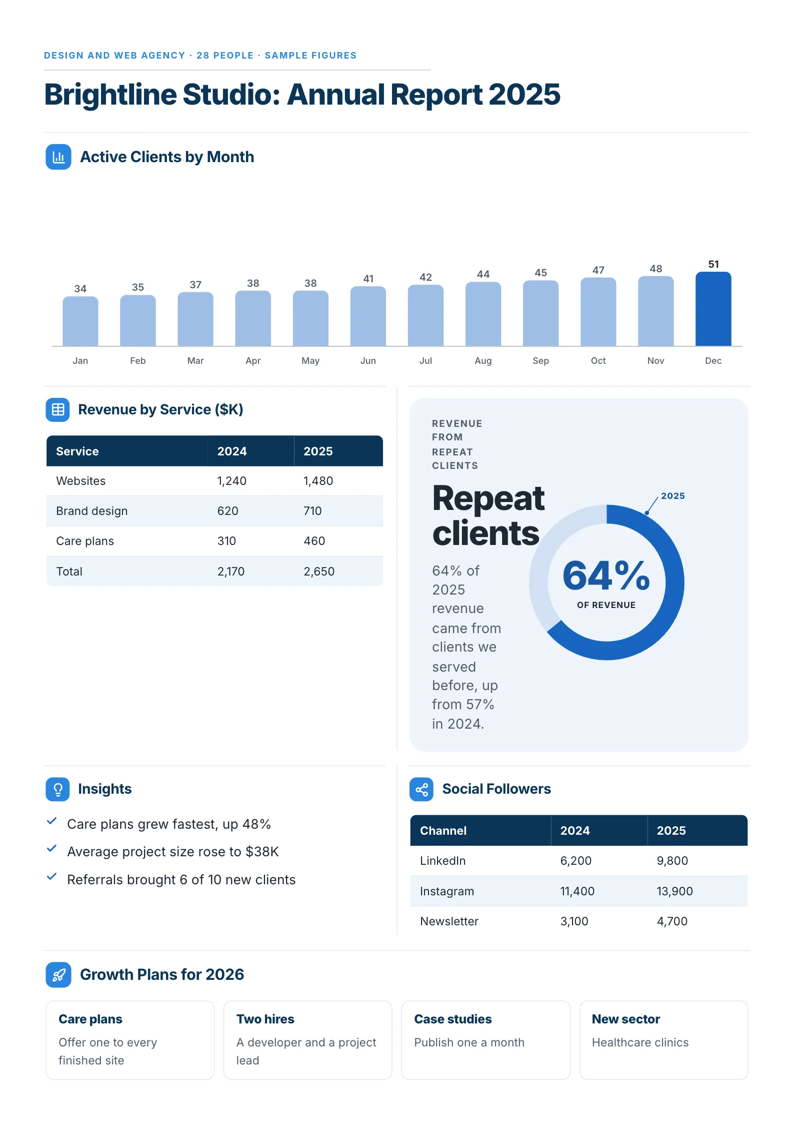 Annual report summary One-Pager template with active clients by month, revenue by service, revenue from repeat clients, insights and growth plans