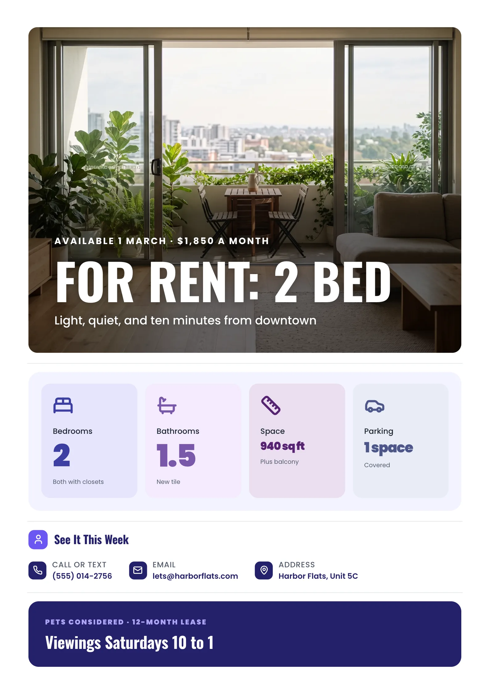 Apartment for Rent Flyer with a bright modern apartment living room opening onto a balcony with city views