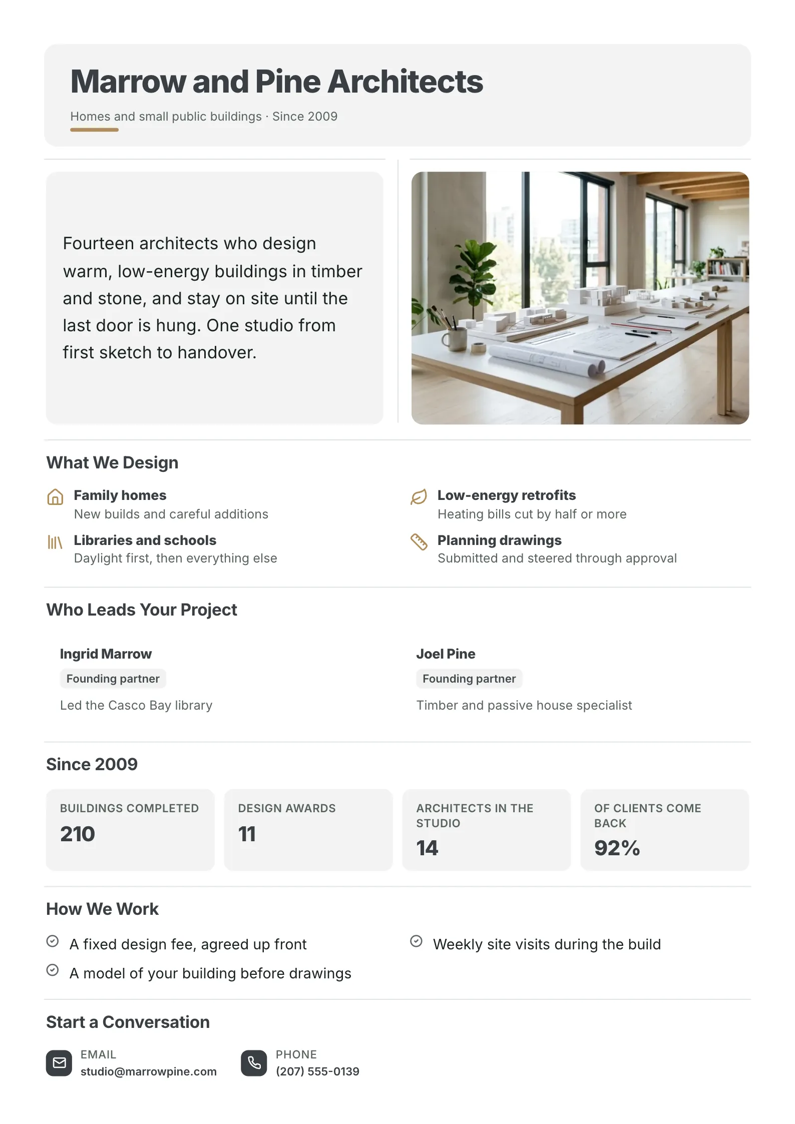 Architecture firm profile One-Pager template with a studio interior photo, the kinds of buildings designed, partner cards, buildings completed and awards, how the firm works and contact details