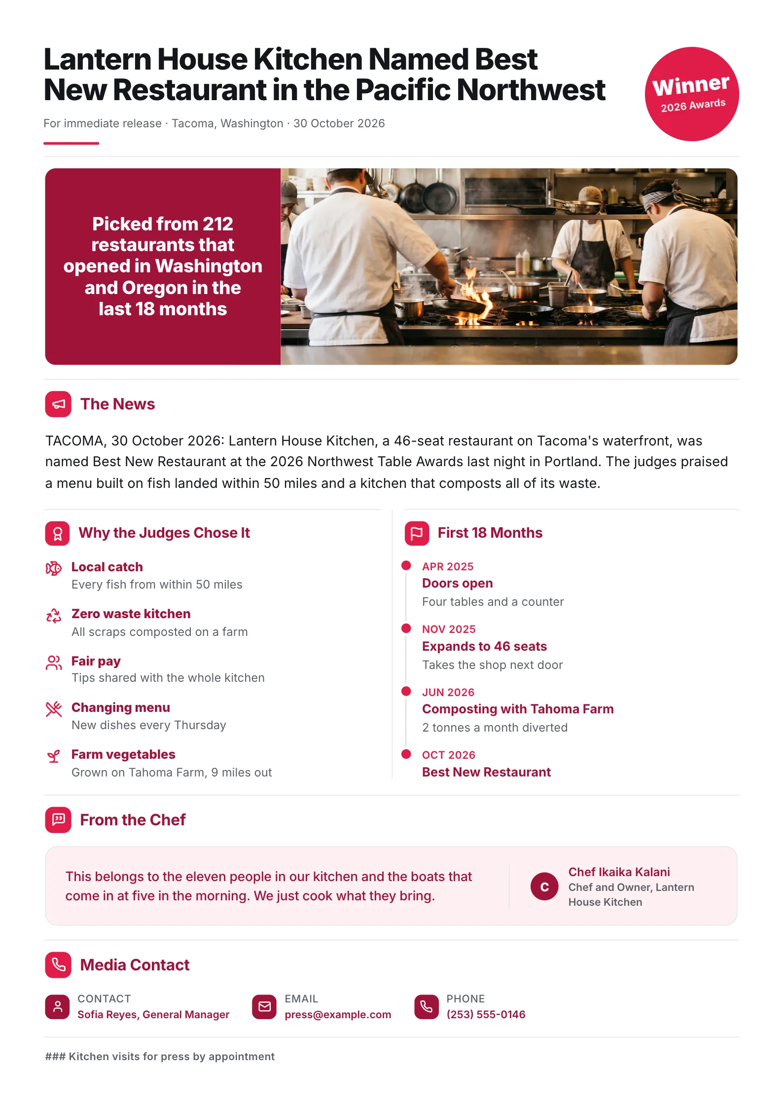 Award win press release One-Pager for a restaurant with a winner seal, judges' reasons and a timeline