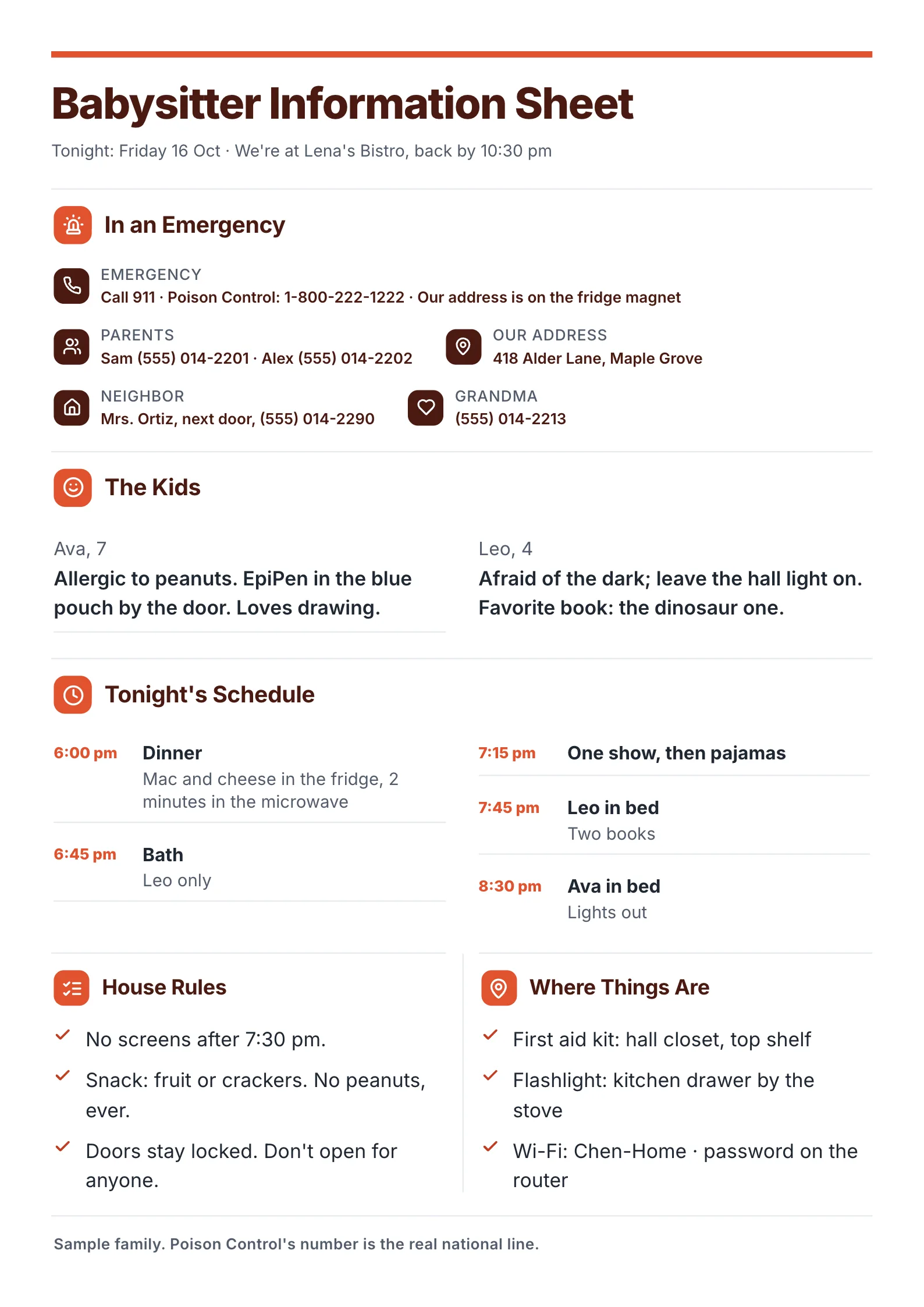 Babysitter information sheet One-Pager template with an emergency strip, two kids' allergies and needs, the evening schedule, house rules, where things are and backup contacts