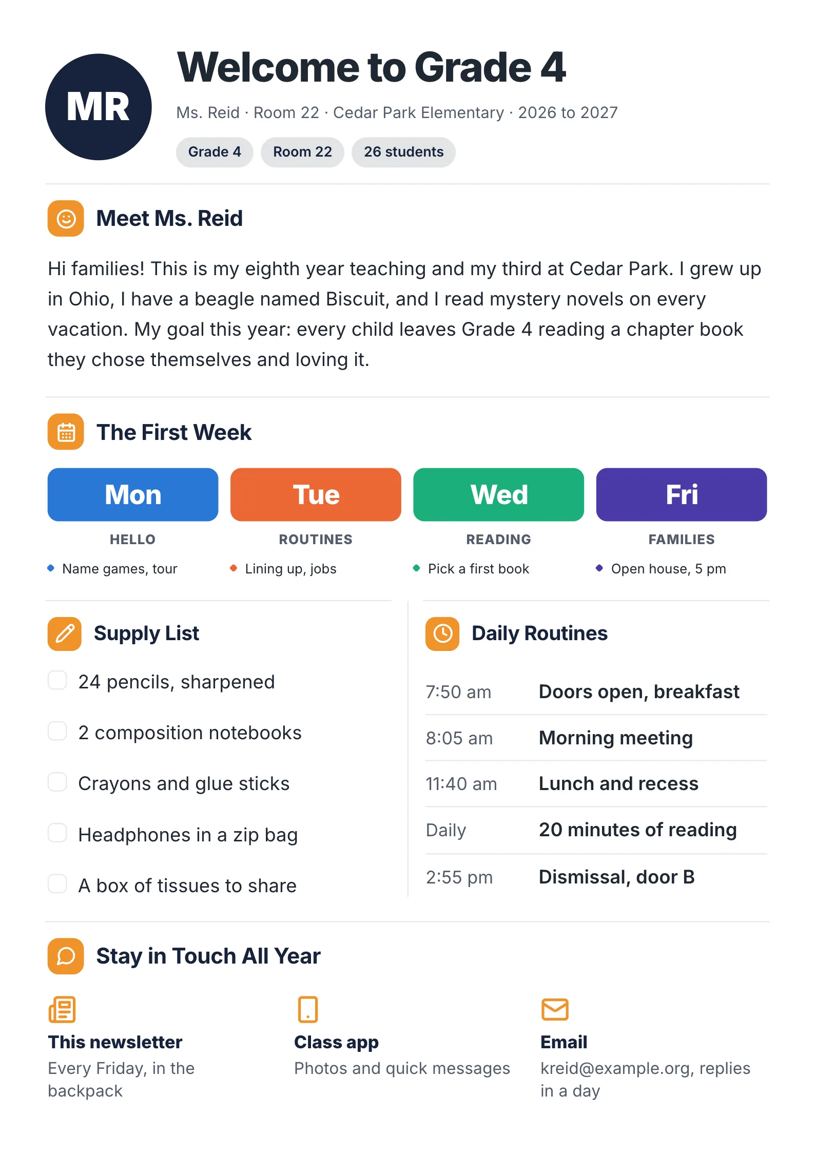 Back to school teacher newsletter with a meet the teacher section, supply list, daily routines and the first week schedule