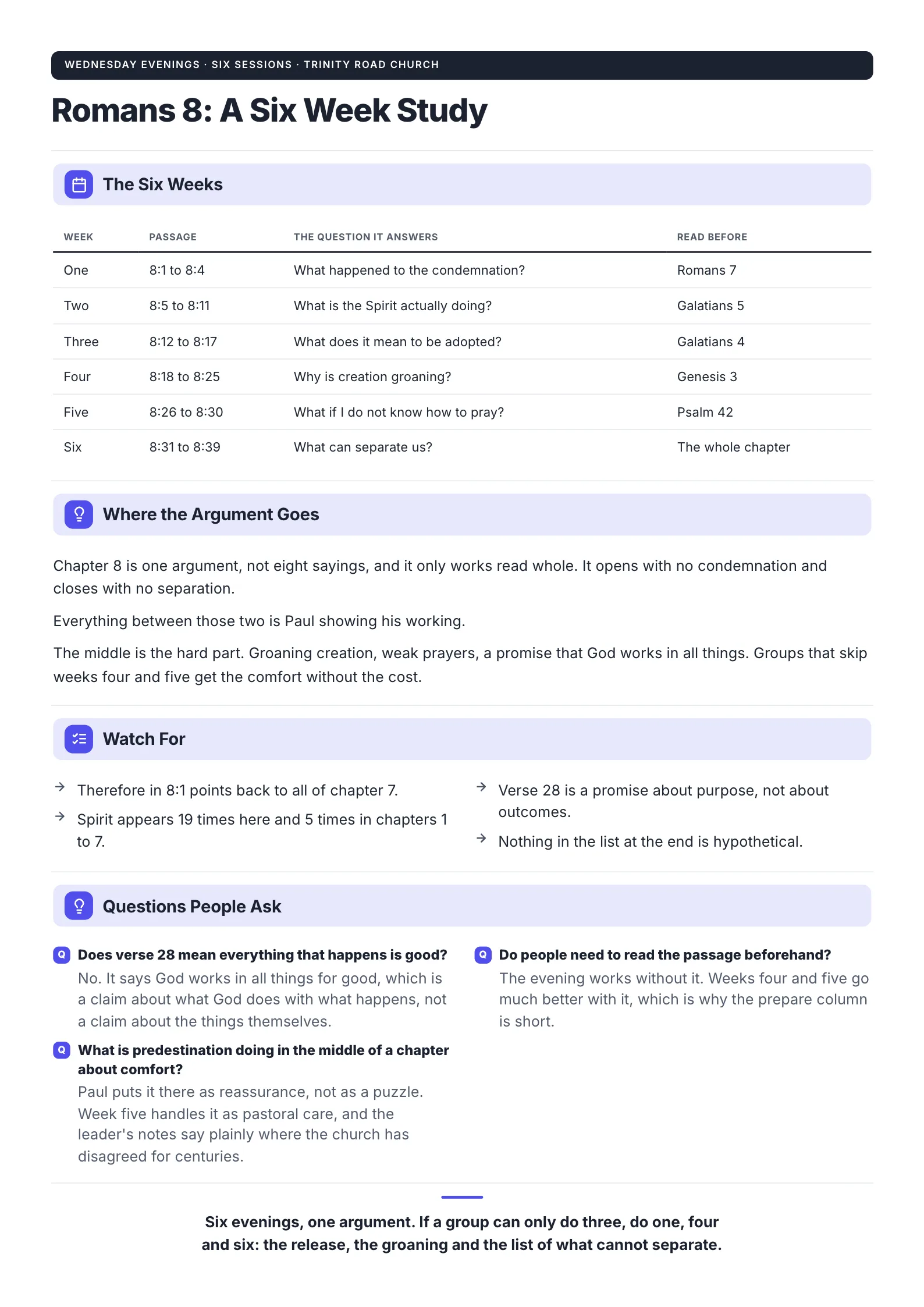 Bible study plan One-Pager example with a six-week reading table, where the argument goes and common questions