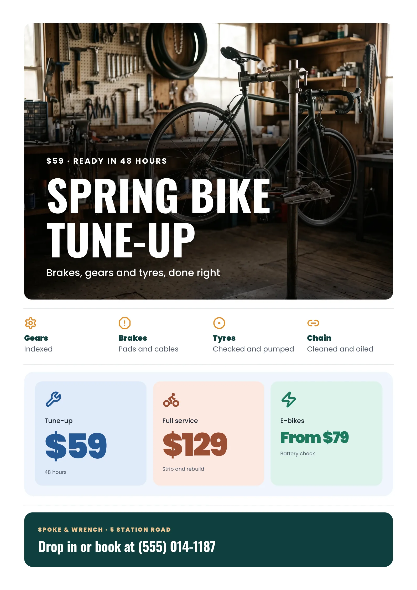 Bike Repair Flyer with a road bike on a repair stand in a small workshop with wrenches on a pegboard