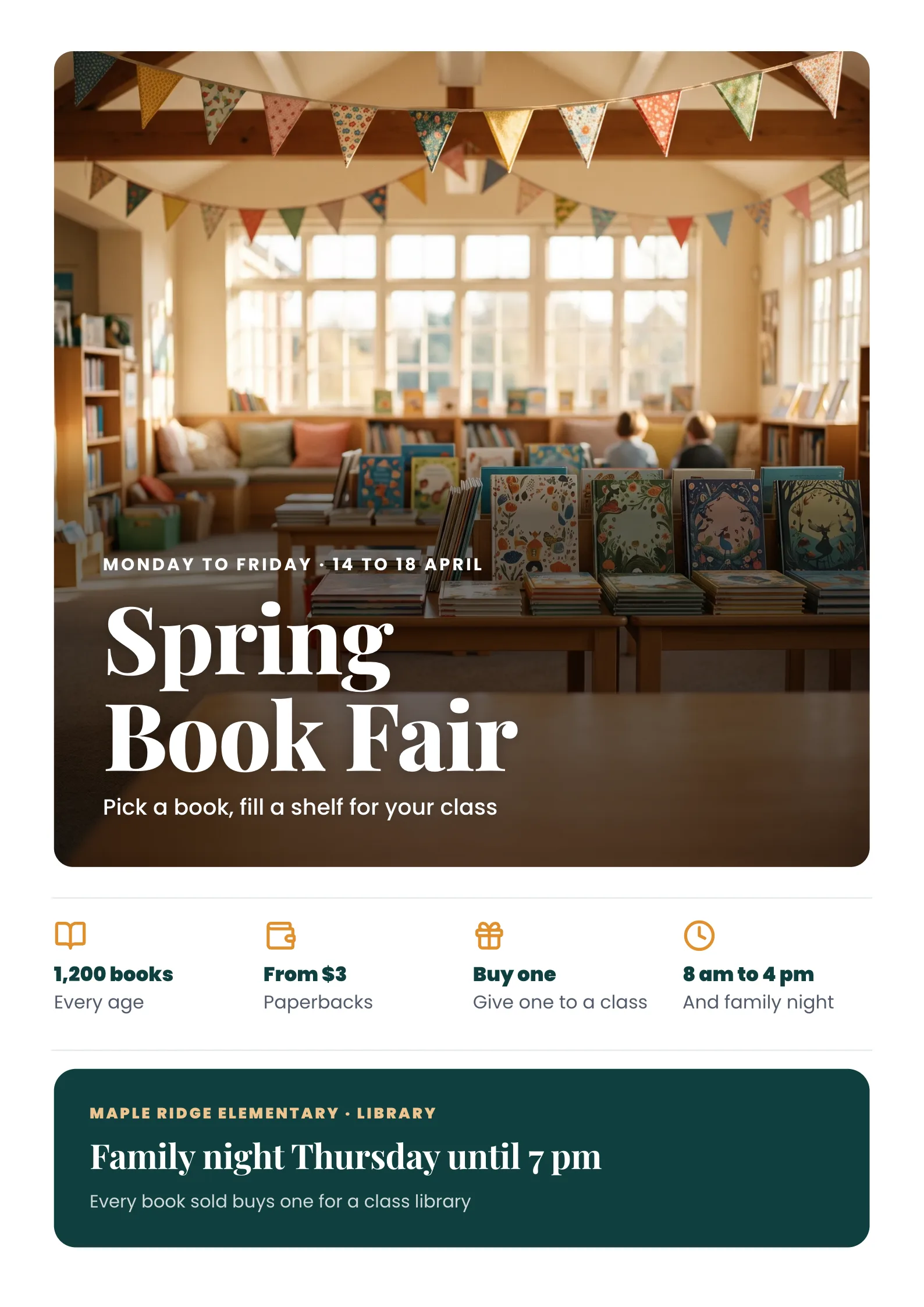 Book Fair Poster with tables stacked with colourful children's books in a sunny school library with bunting