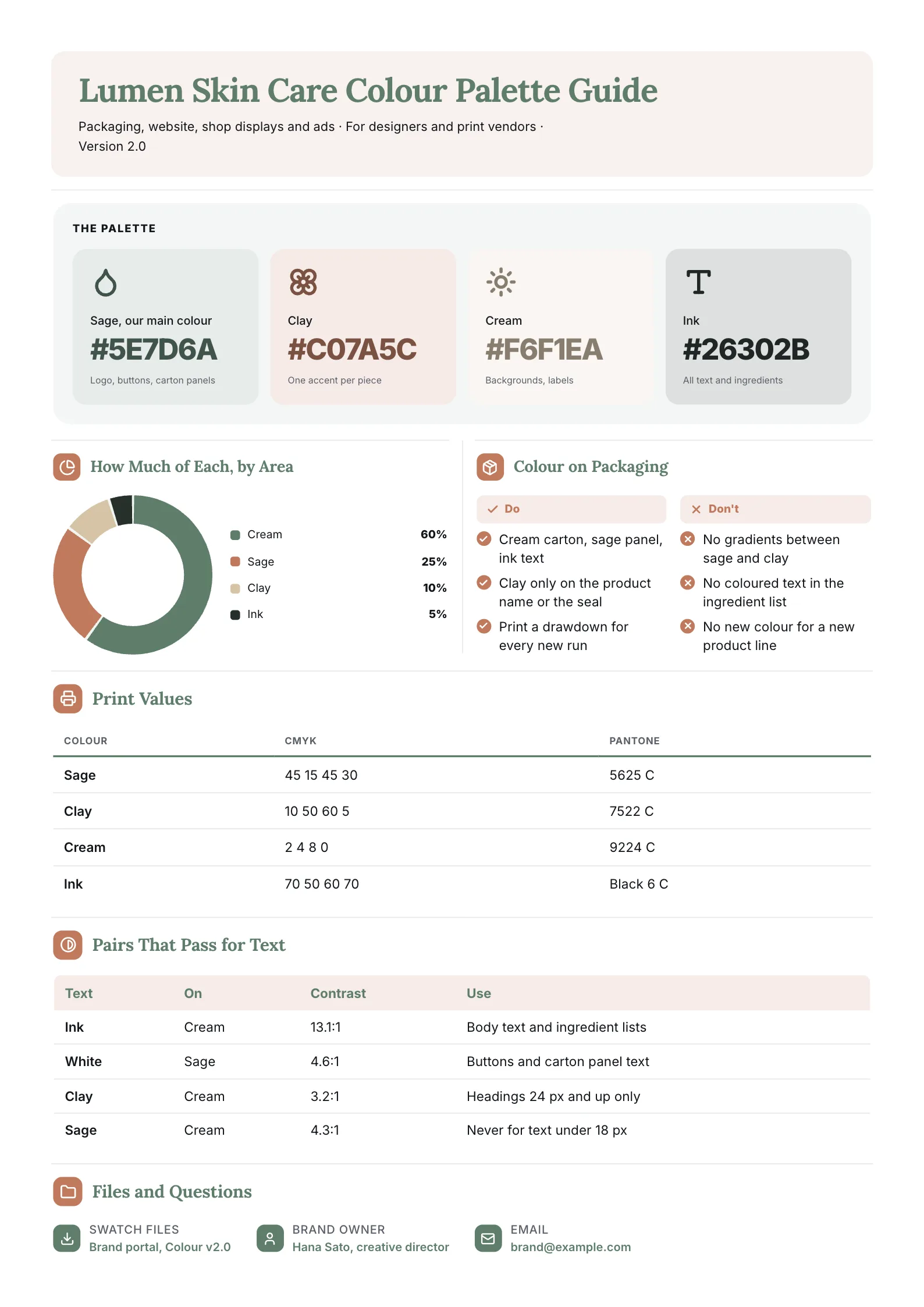 Brand colour palette guide One-Pager with swatches, a colour ratio donut, print values and contrast pairs