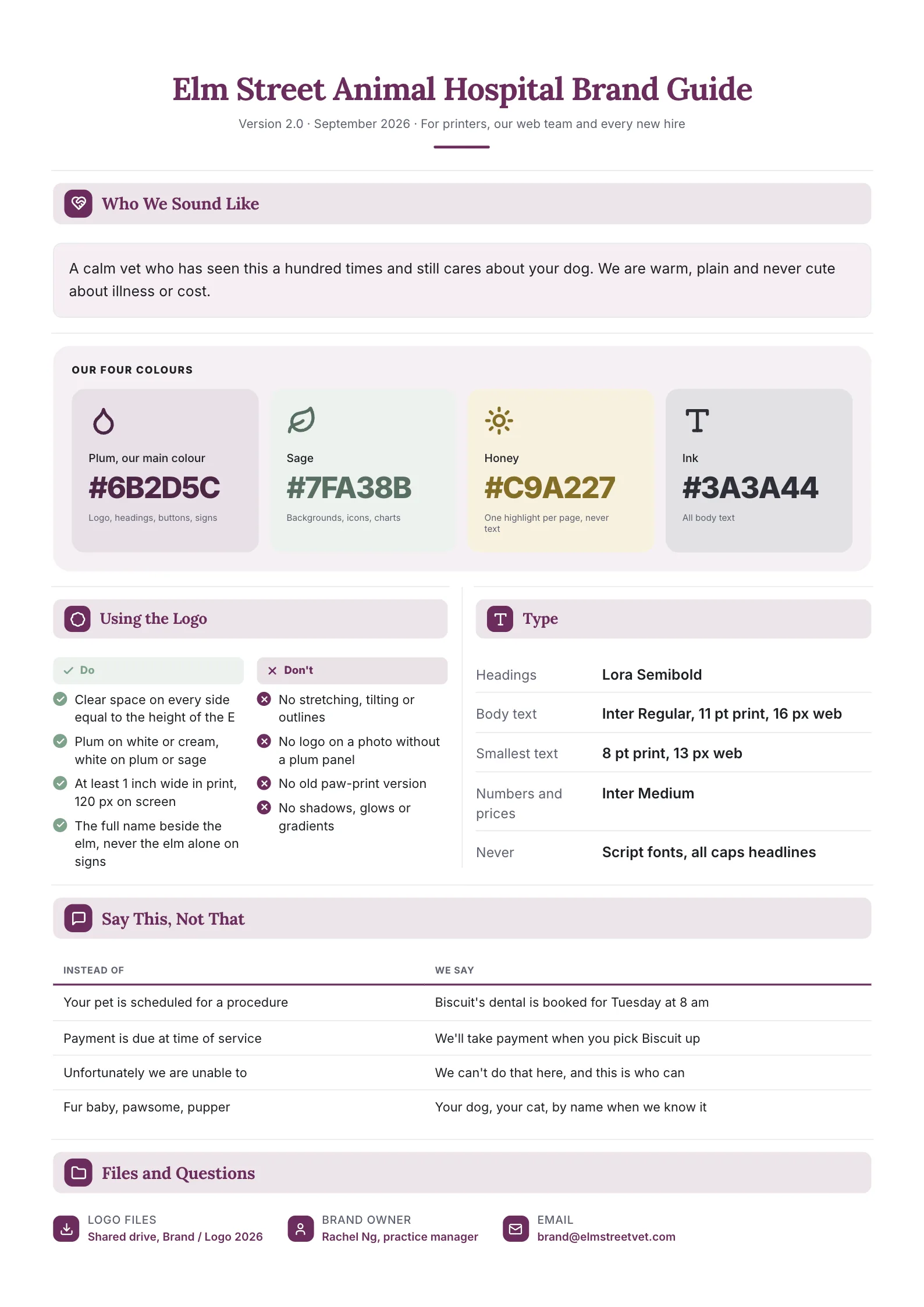 Brand guidelines One-Pager template for an animal hospital with the brand voice, four colors with codes, logo dos and don'ts, type choices and a say this not that table
