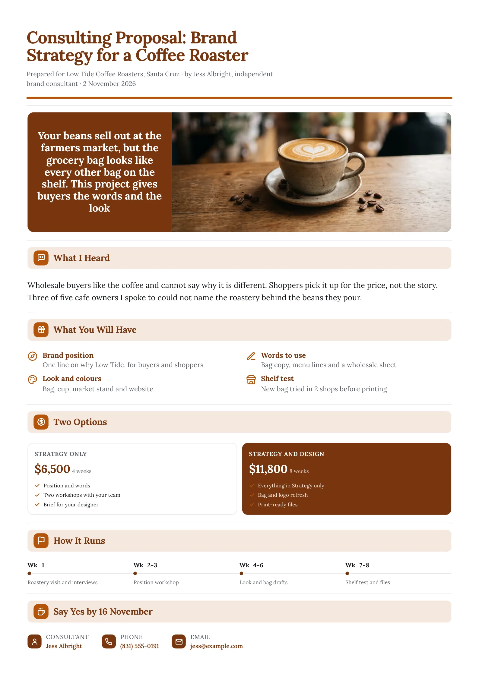 Brand strategy consulting proposal One-Pager for a coffee roaster with two priced options and an eight-week plan