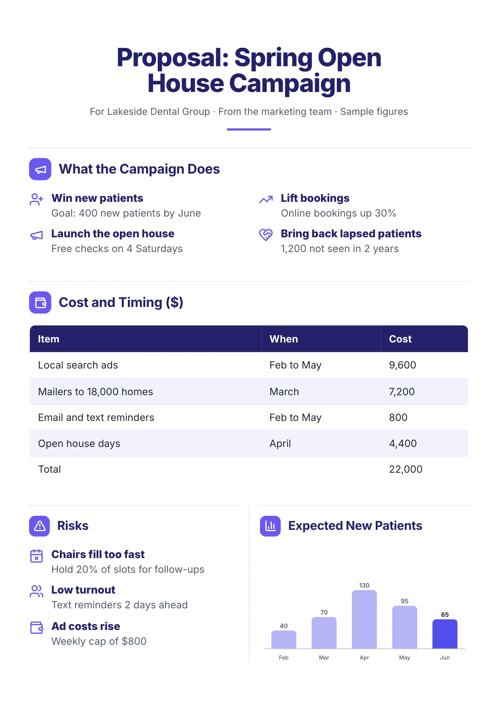 Campaign proposal One-Pager template with what the campaign does, cost and timing, the risks and the expected results