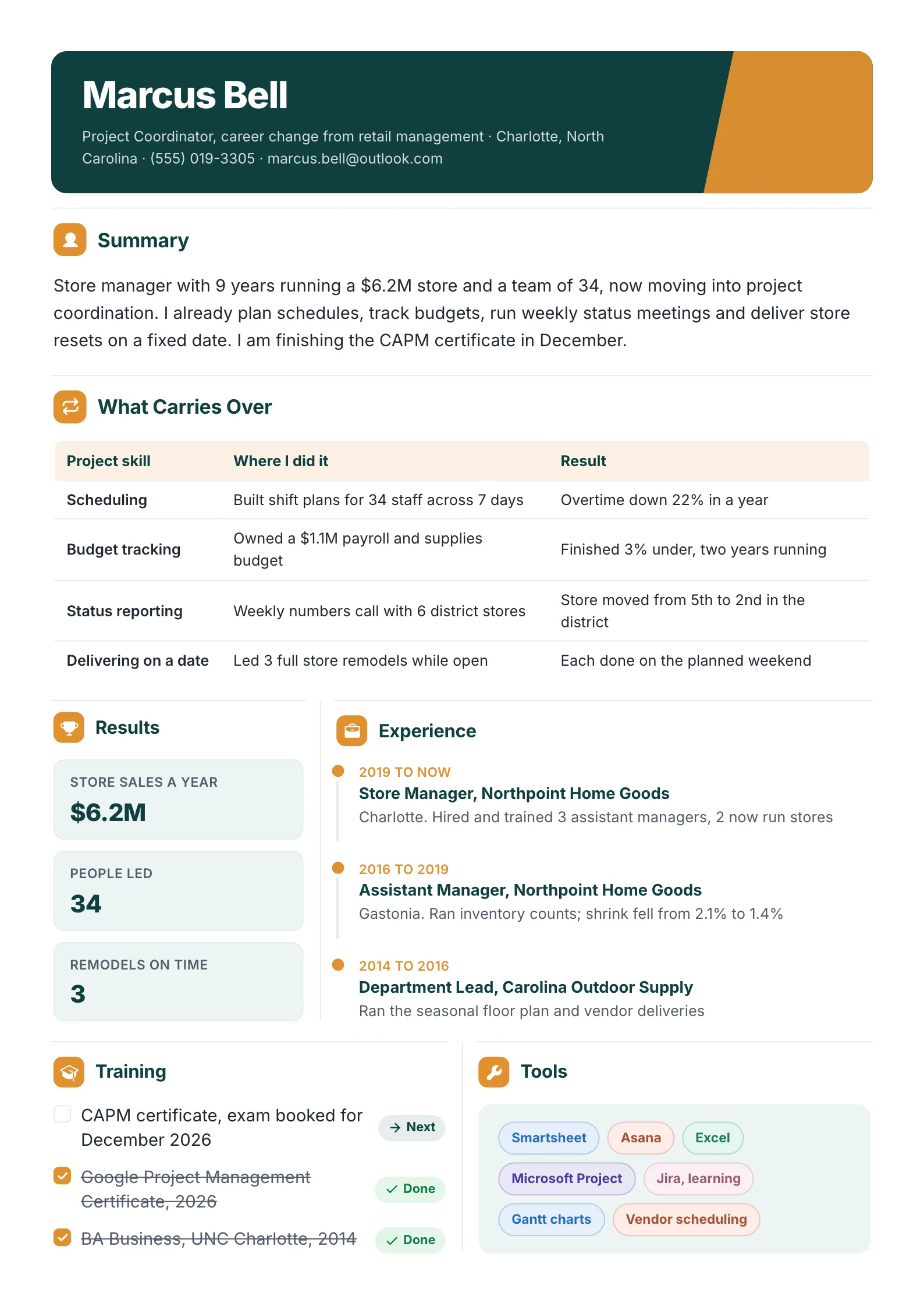 Career change resume, retail manager to project coordinator, with transferable skills, results, jobs and new training