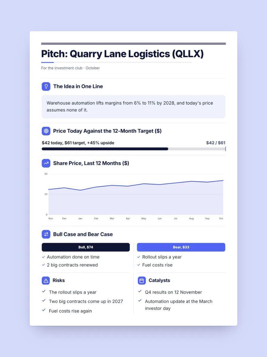 Stock Pitch One-Pager, one of our free finance one-pager templates, ready to edit