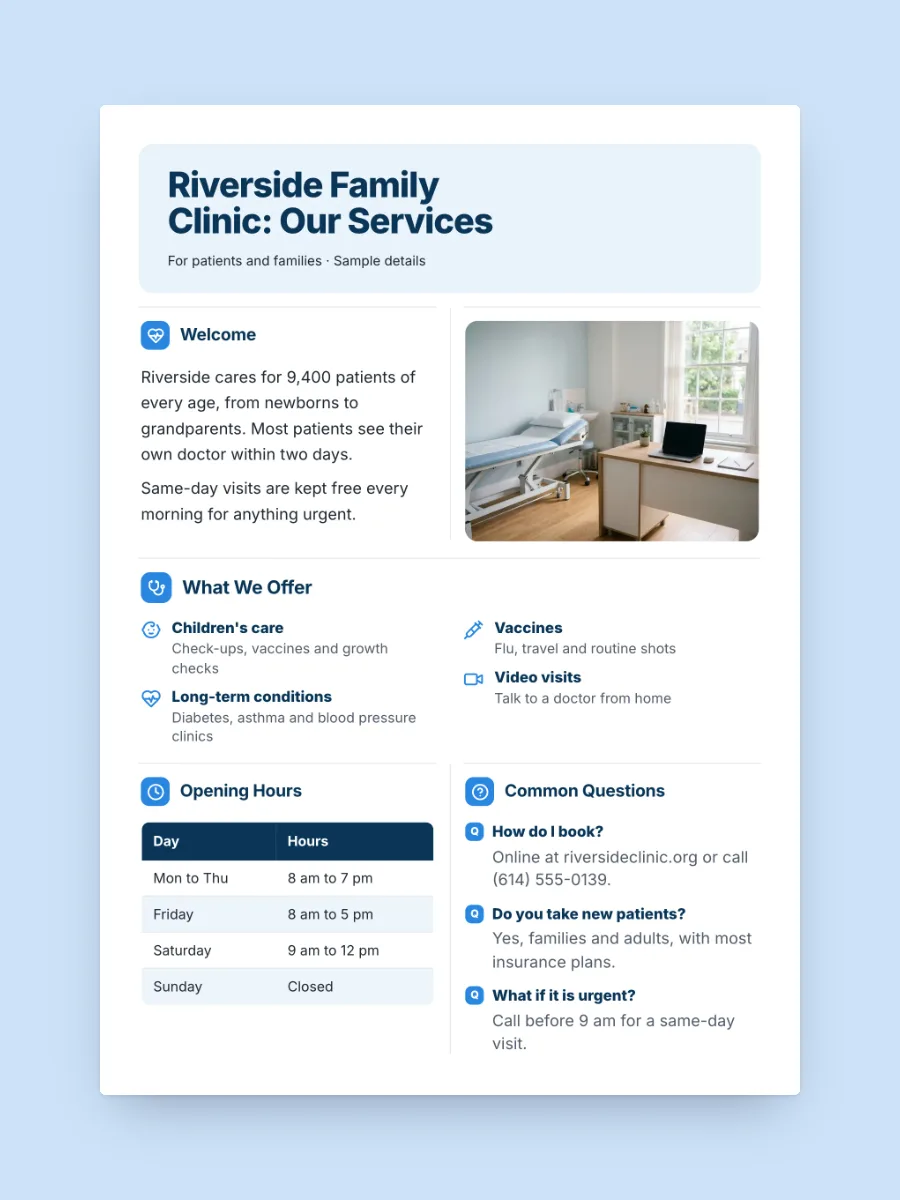 Clinic Services Sheet One-Pager, one of our free healthcare and science one-pager templates, ready to edit
