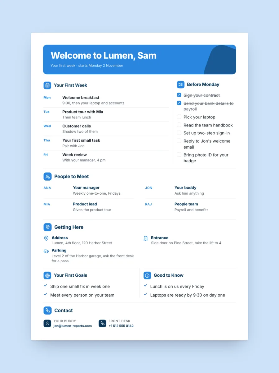 New Hire Welcome One-Pager, one of our free HR and operations one-pager templates, ready to edit