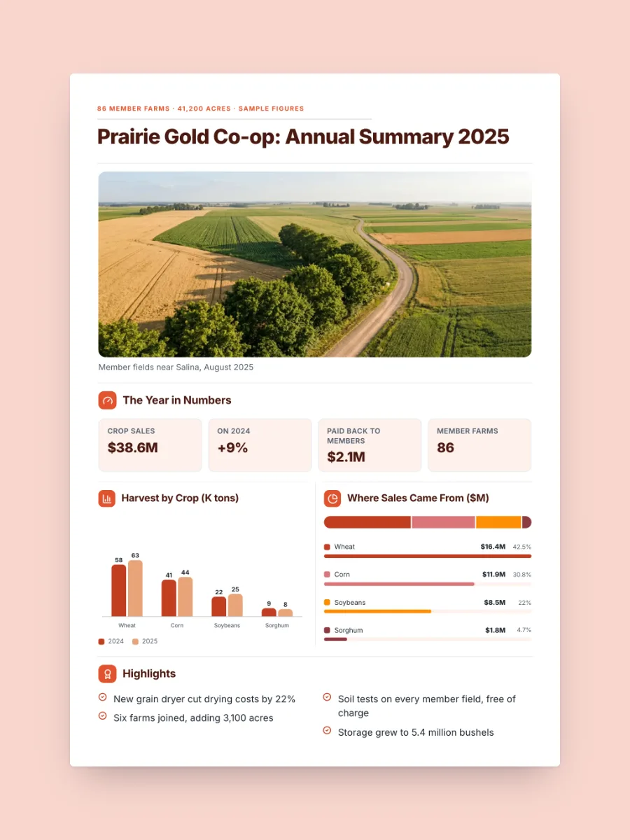 Farm Co-op Annual Summary One-Pager, one of our free industry and energy one-pager templates, ready to edit