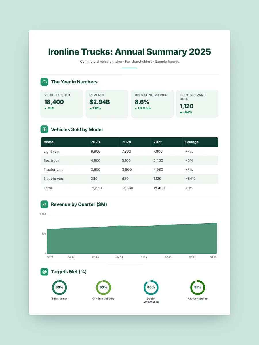 Vehicle Company Annual Summary One-Pager, one of our free industry and energy one-pager templates, ready to edit