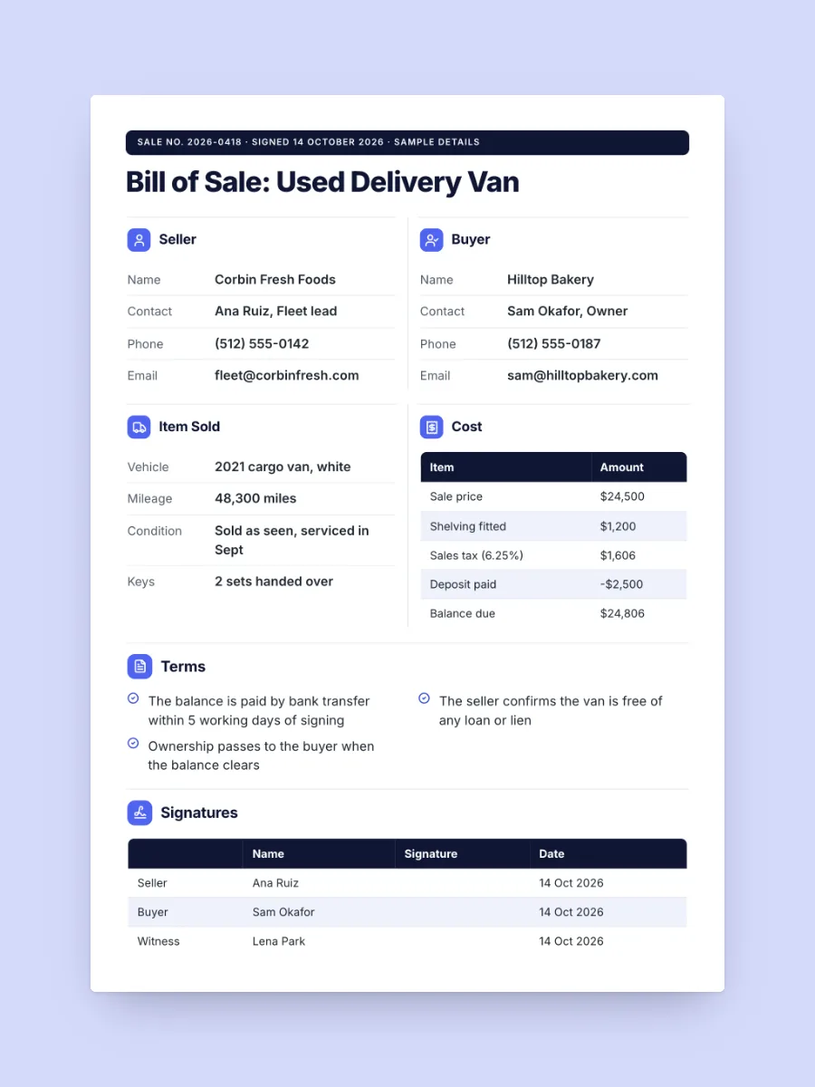 Bill of Sale One-Pager, one of our free professional services one-pager templates, ready to edit