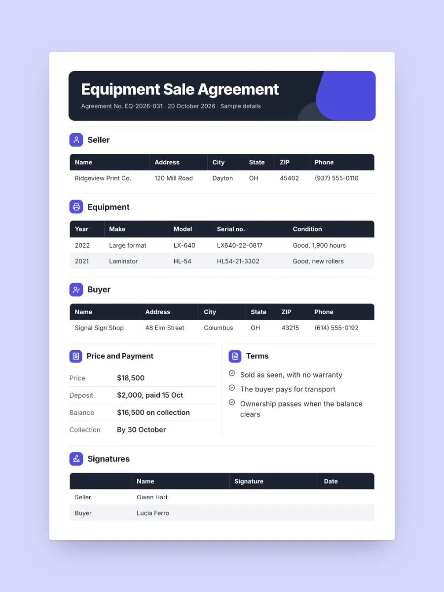 Equipment Sale Agreement One-Pager, one of our free professional services one-pager templates, ready to edit