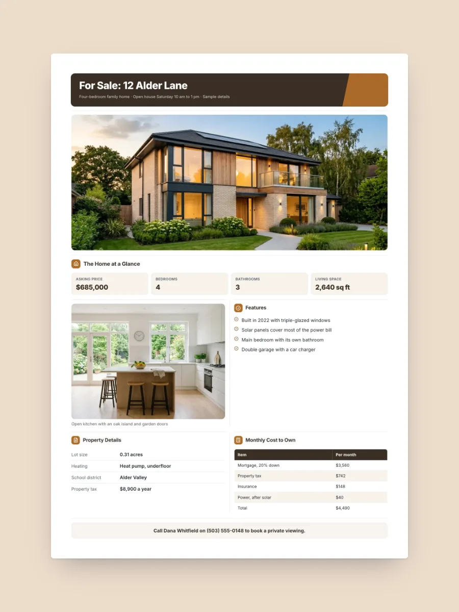 Property Listing Sheet One-Pager, one of our free real estate and construction one-pager templates, ready to edit