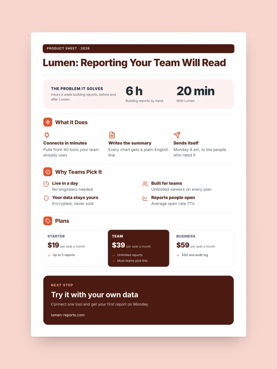 SaaS Product One-Pager, one of our free sales and marketing one-pager templates, ready to edit