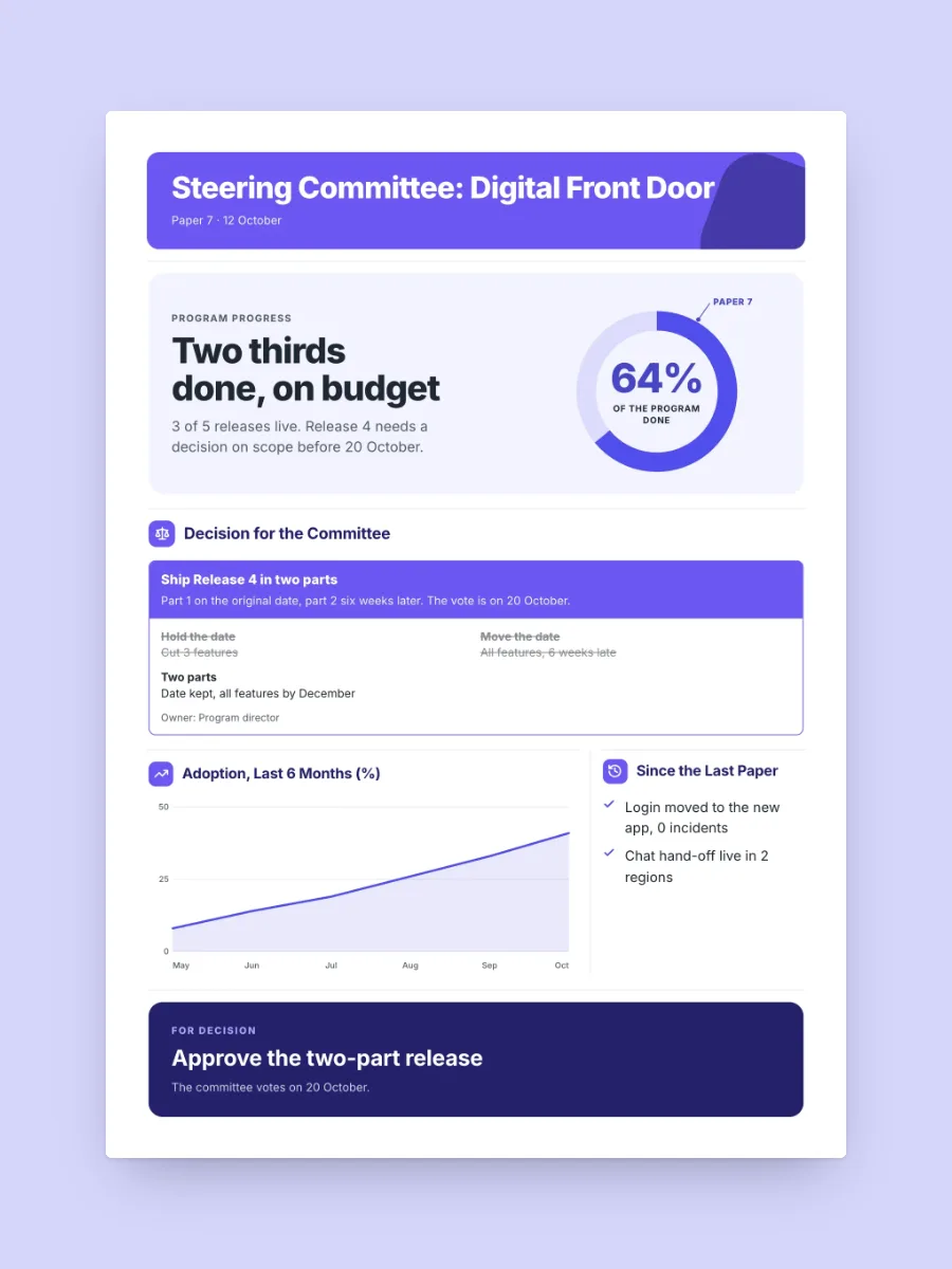 Steering Committee Paper One-Pager, one of our free strategy and planning one-pager templates, ready to edit