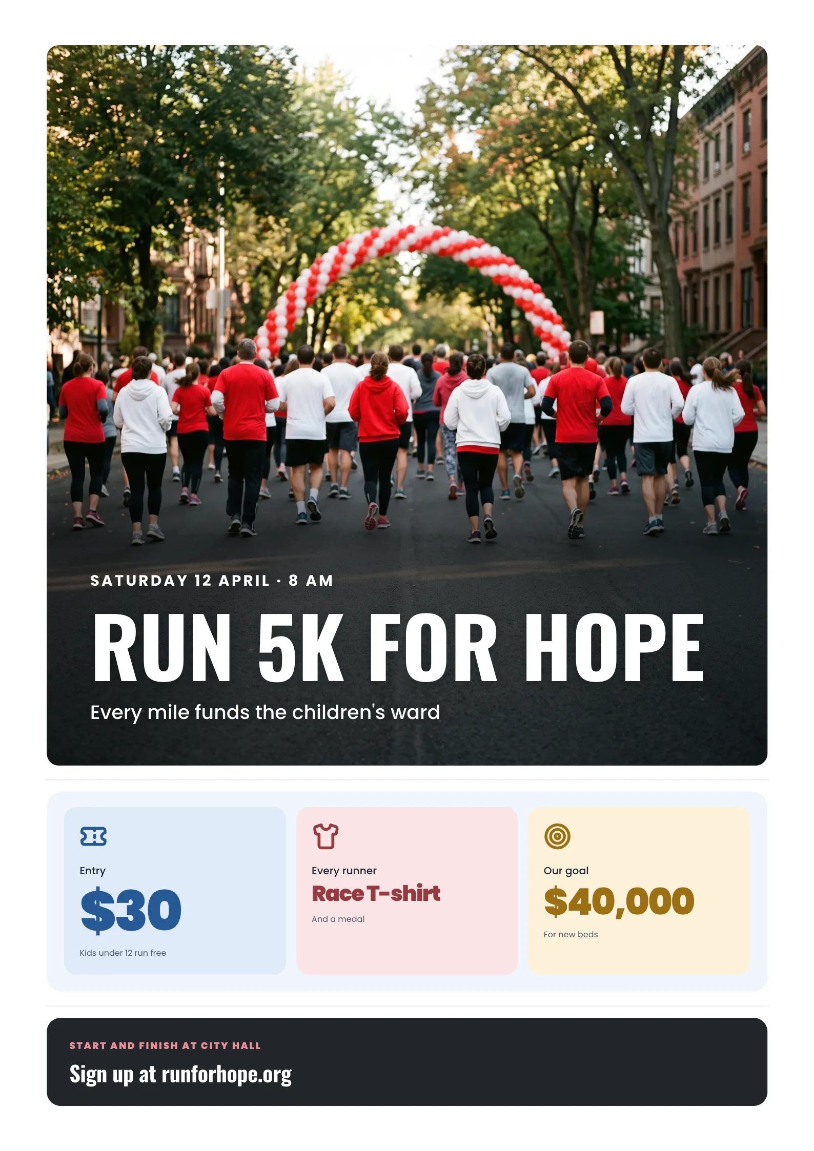 Charity Run Poster: runners in red and white seen from behind at the start line of a city charity run under a balloon arch